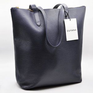 NWT Cuyana Tall Structured Leather Zipper Laptop Large Tote Bag in Navy Blue